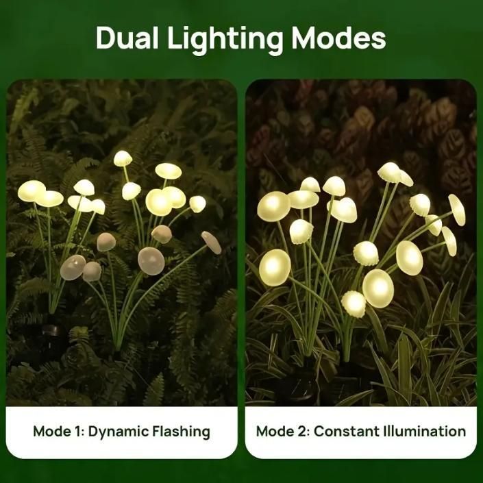 Solar mushroom lights showing dynamic flashing and constant illumination modes on a green background.