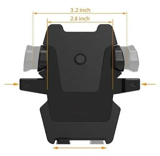Black phone holder with measurements on a white background