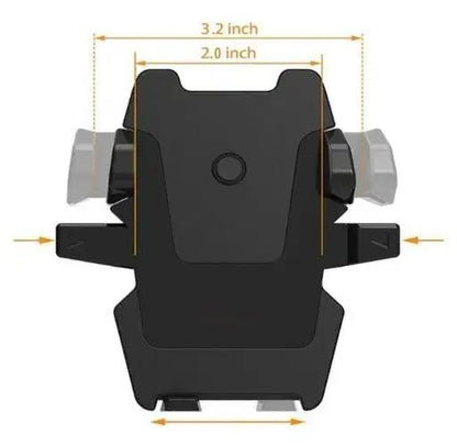 Black phone holder with measurements on a white background