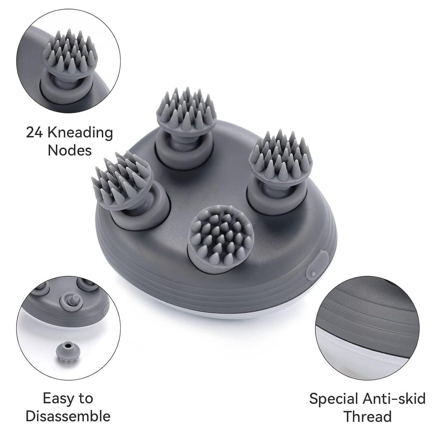 Gray grooming tool with 24 kneading nodes, easy to disassemble feature, and special anti-skid thread on a white background.