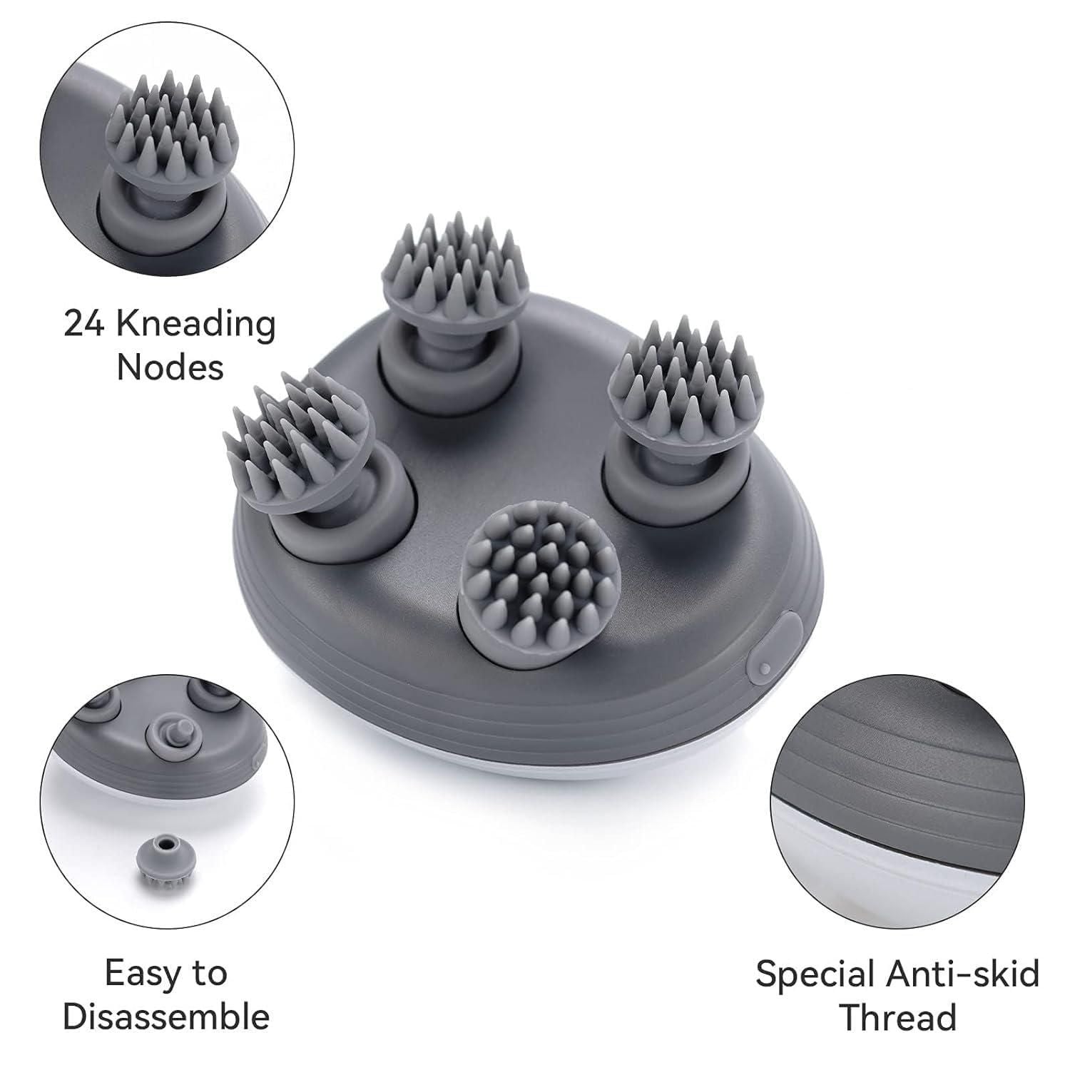 Gray grooming tool with 24 kneading nodes, easy to disassemble feature, and special anti-skid thread on a white background.