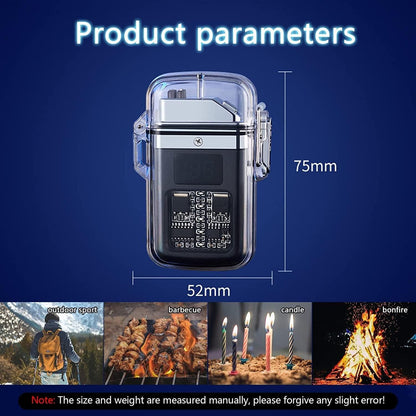 Product with dimensions labeled on a blue background, featuring images of outdoor activities and fire scenarios.