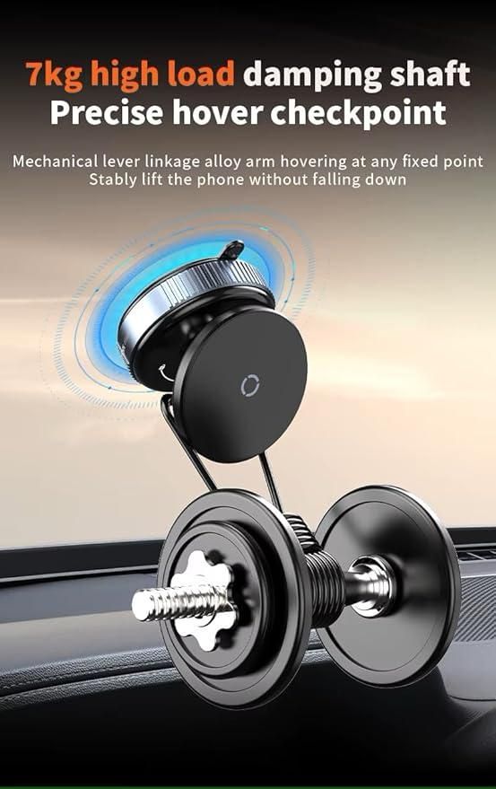 Phone holder with damping shaft and lever linkage on a car dashboard, featuring text about load capacity and stability.