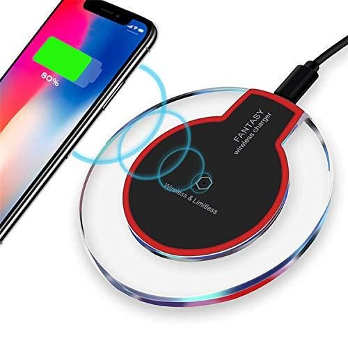 Wireless charger with smartphone showing battery charge on a white background