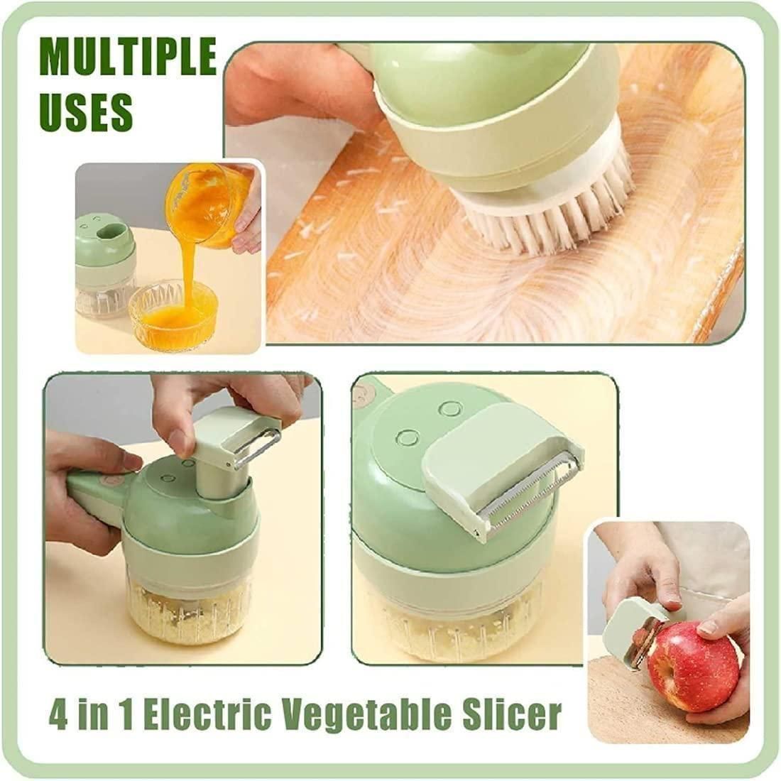 4-in-1 electric vegetable slicer with multiple uses on a wooden surface.