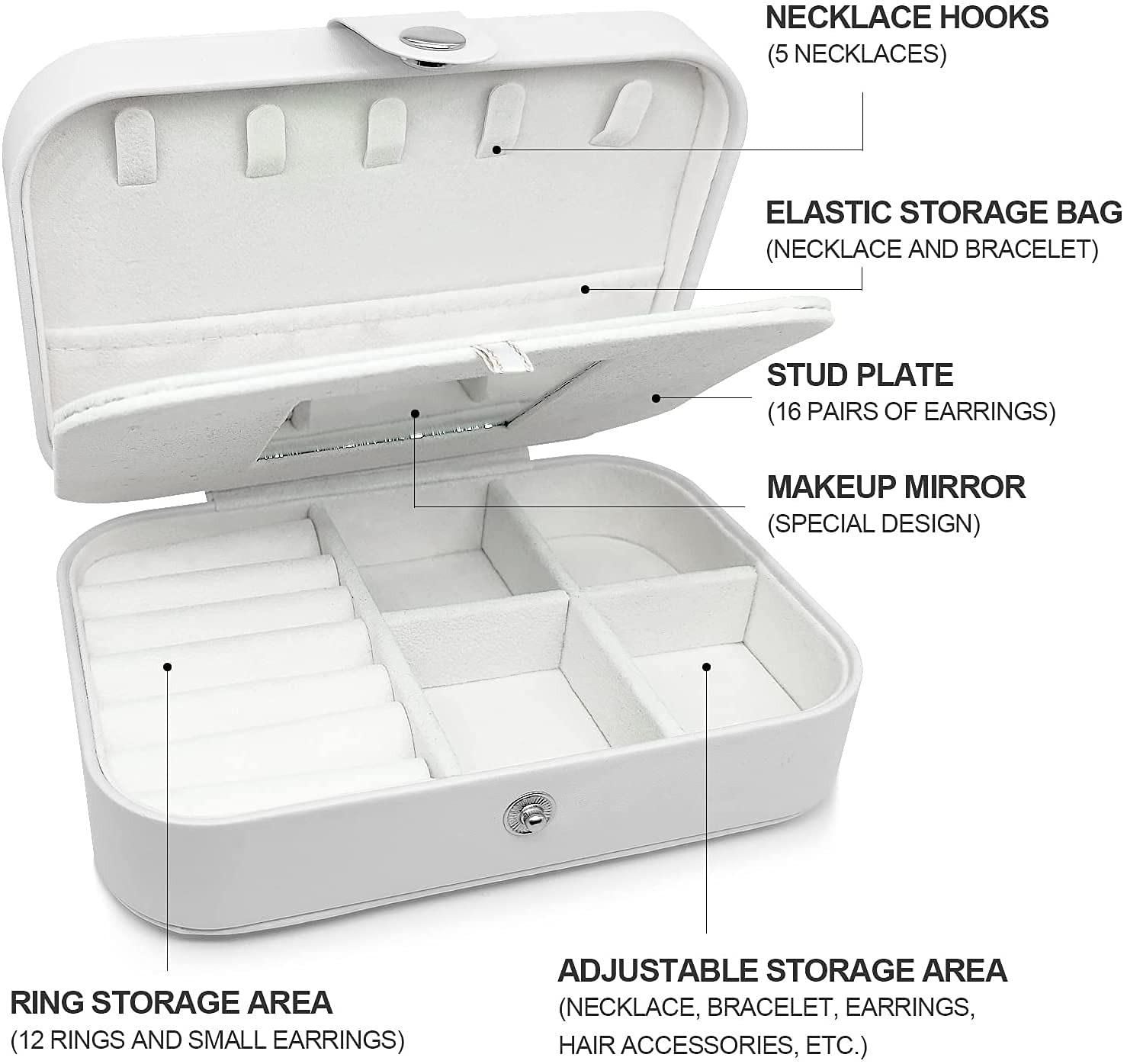 White jewelry organizer with labeled compartments on a white background