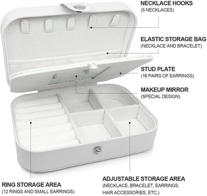 White jewelry organizer with labeled compartments on a white background