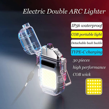 Electric Double ARC Lighter with features listed on a dark background