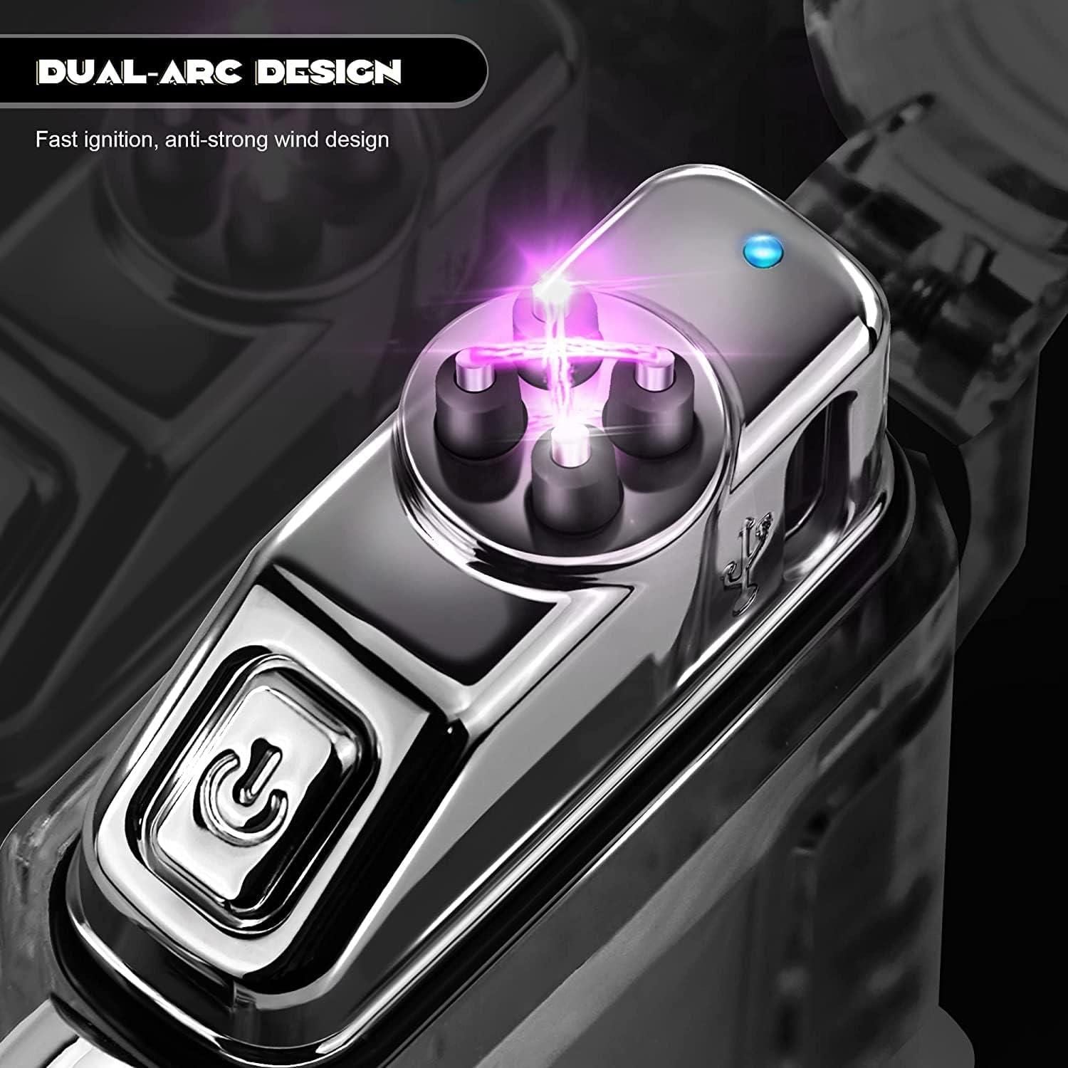 Close-up of a dual-arc design lighter with glowing elements on a dark background.