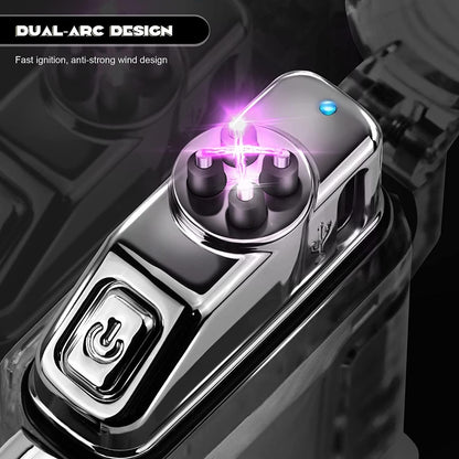 Close-up of a dual-arc design lighter with glowing elements on a dark background.