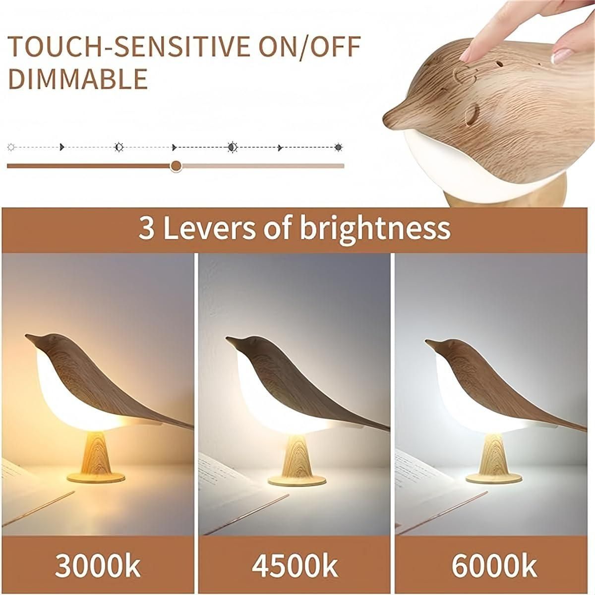 Wooden bird-shaped lamp with touch-sensitive control and three brightness levels.