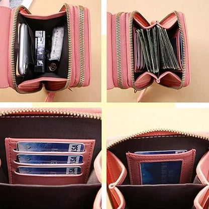 Pink wallet with various compartments and items inside on a beige background