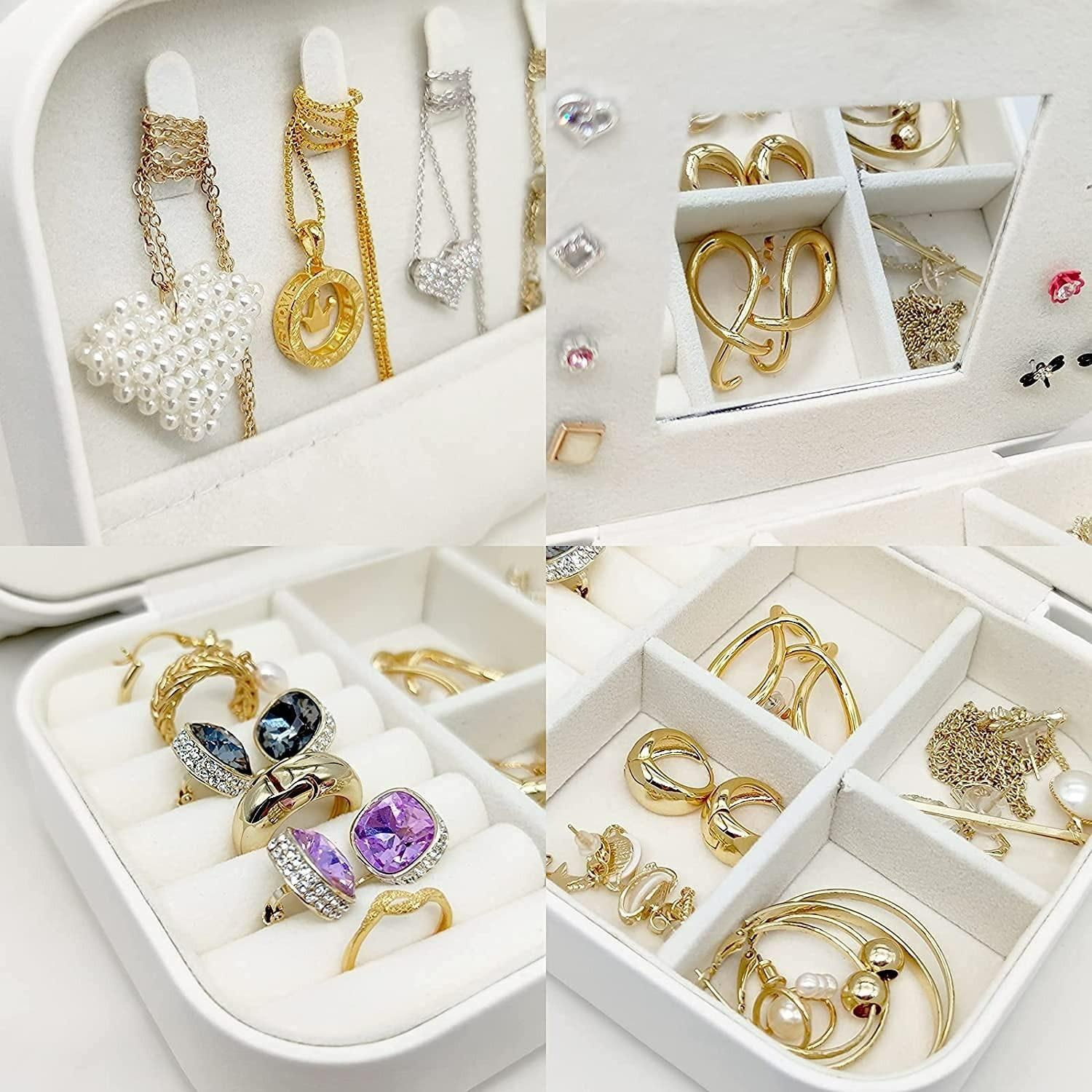 Jewelry set including rings, necklaces, and earrings displayed in a white jewelry box.