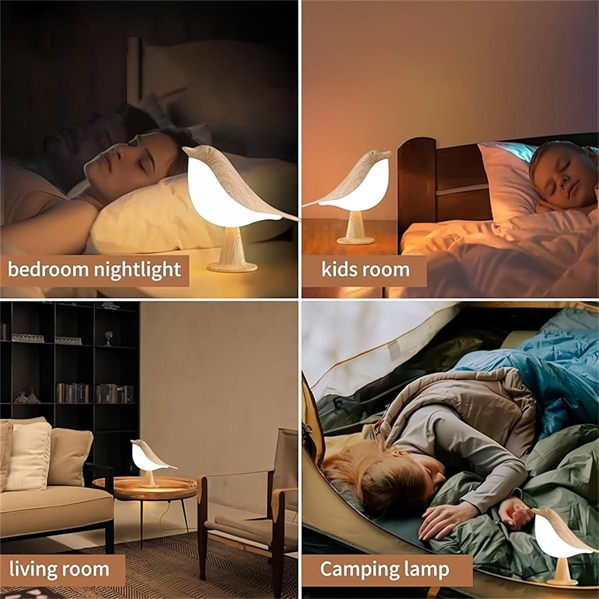 Collage of a nightlight used in various settings including bedroom, kids room, living room, and camping.
