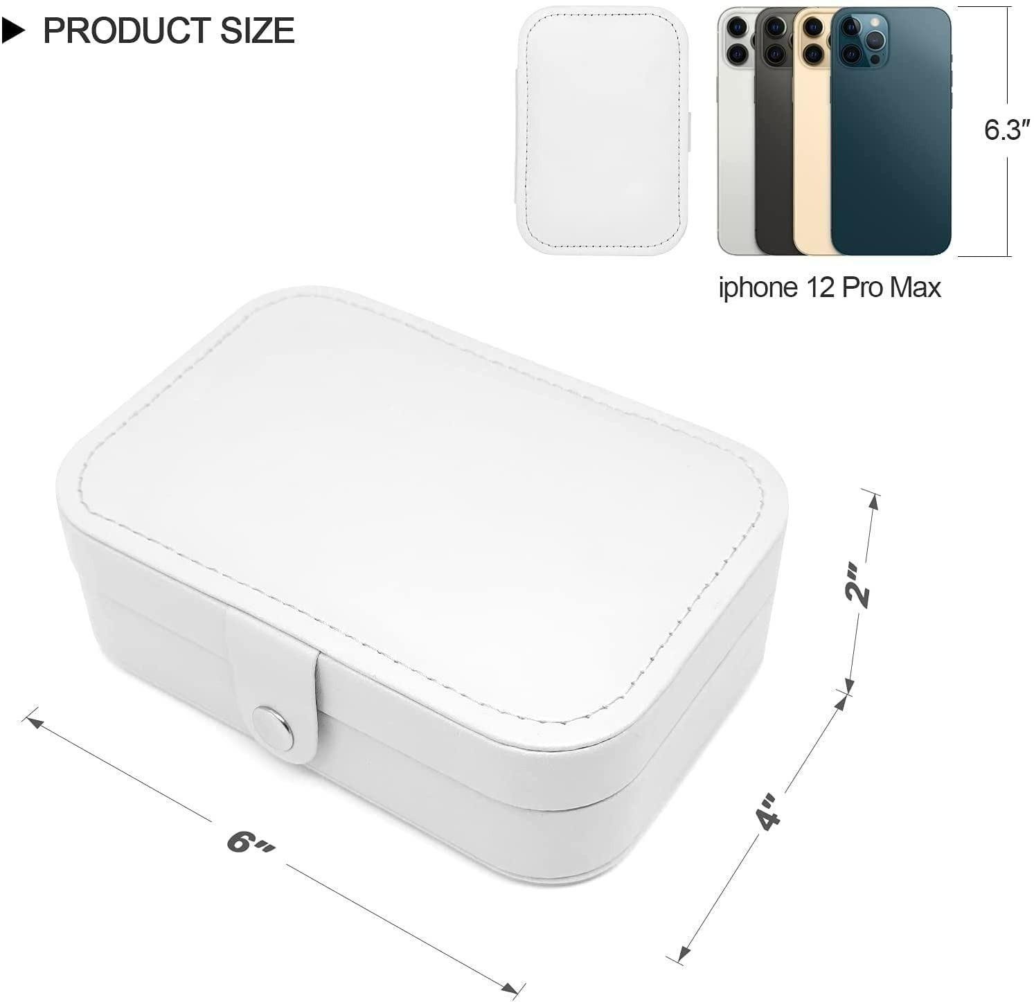 White jewelry box with dimensions and comparison to an iPhone 12 Pro Max on a white background