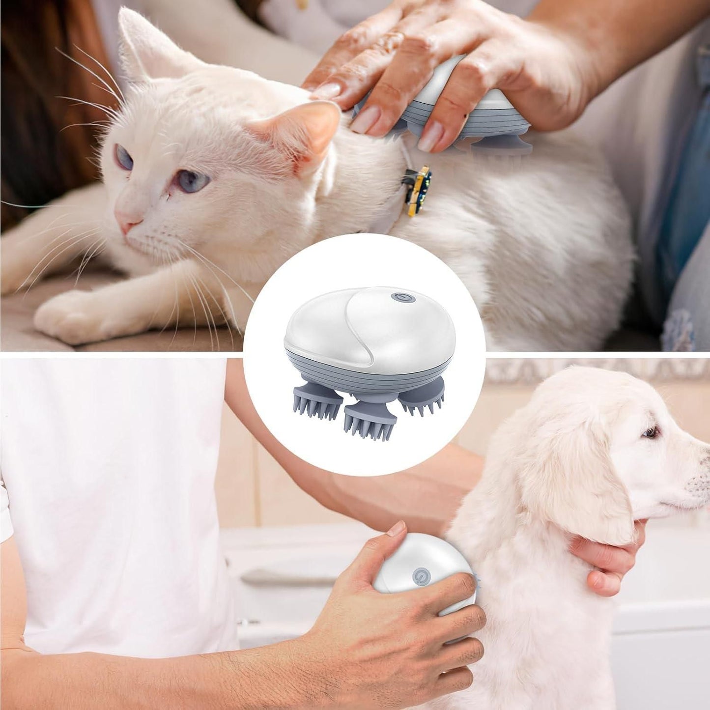 Pet grooming tool being used on a white cat and dog with close-up of the tool.