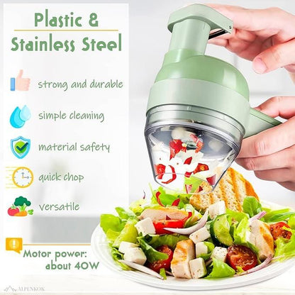 Handheld food chopper with a plate of salad and text highlighting features
