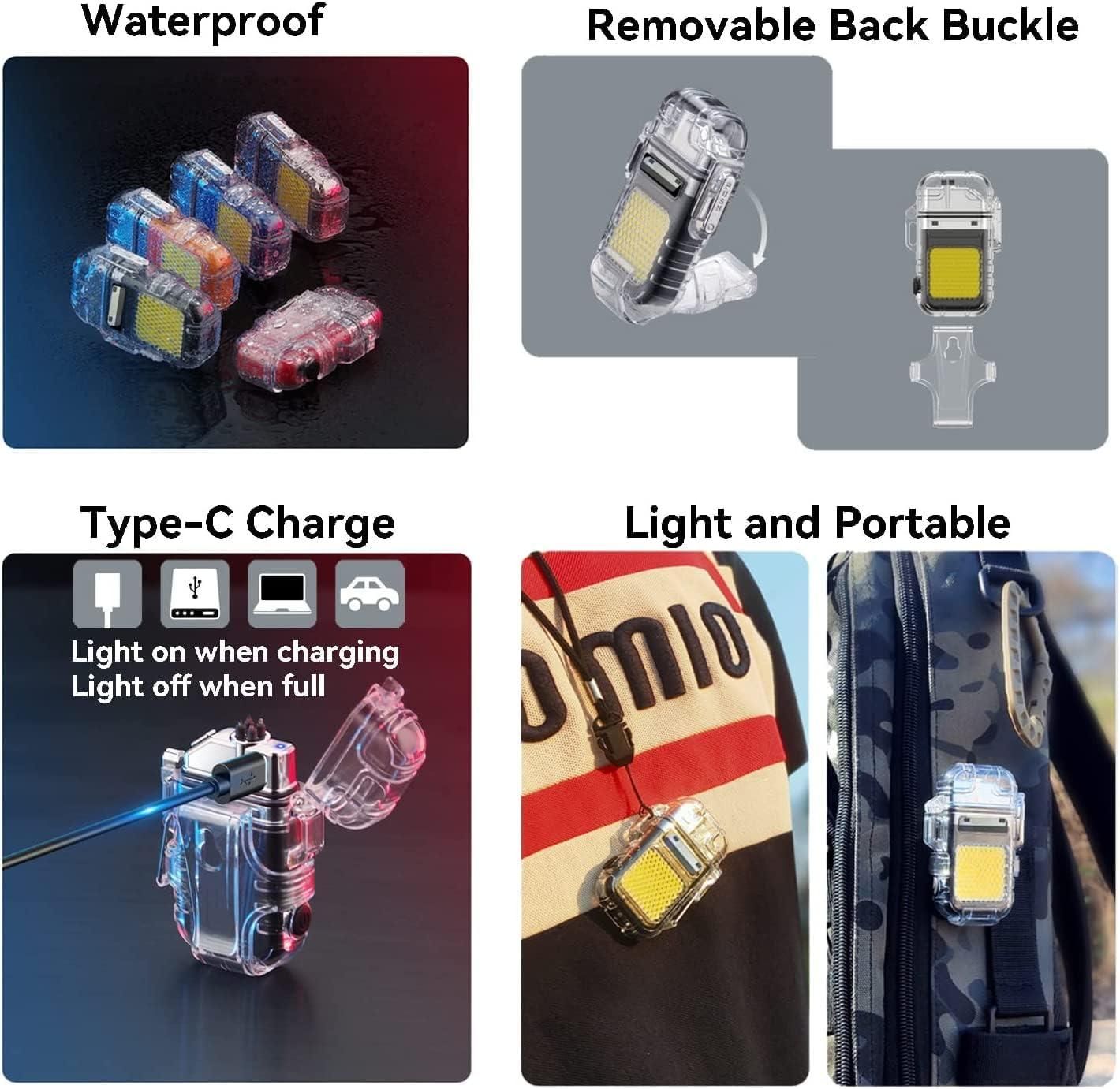 Product features including waterproof design, removable back buckle, Type-C charge, light and portable nature, shown on a suitcase.