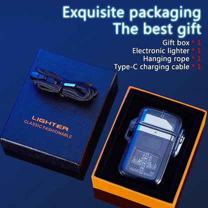 Electronic lighter in a gift box with packaging details on a blue background