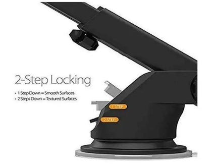Black car suction mount with 2-step locking mechanism on a white background