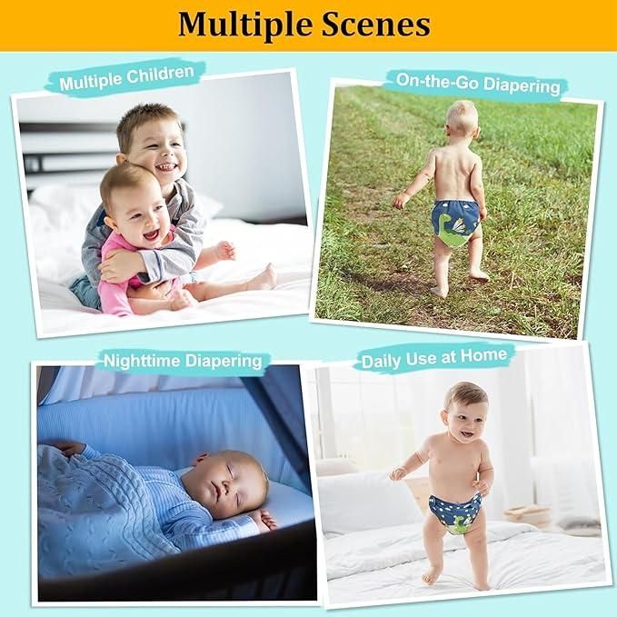 Four scenes showing diaper usage with children in various settings.