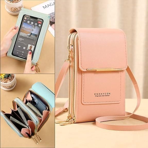 Collage of a pink crossbody bag with a phone case and organizer on a beige surface.