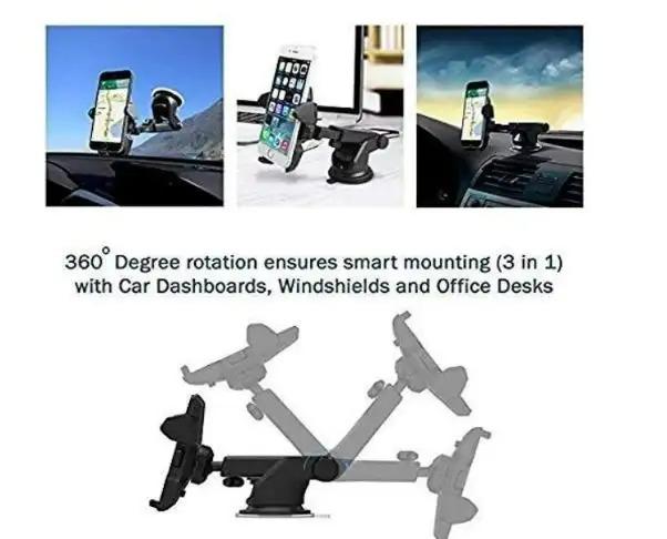 Phone holder with 360-degree rotation for car dashboards, windshields, and office desks.