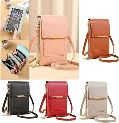 Collage of various colorful phone crossbody bags on a beige background