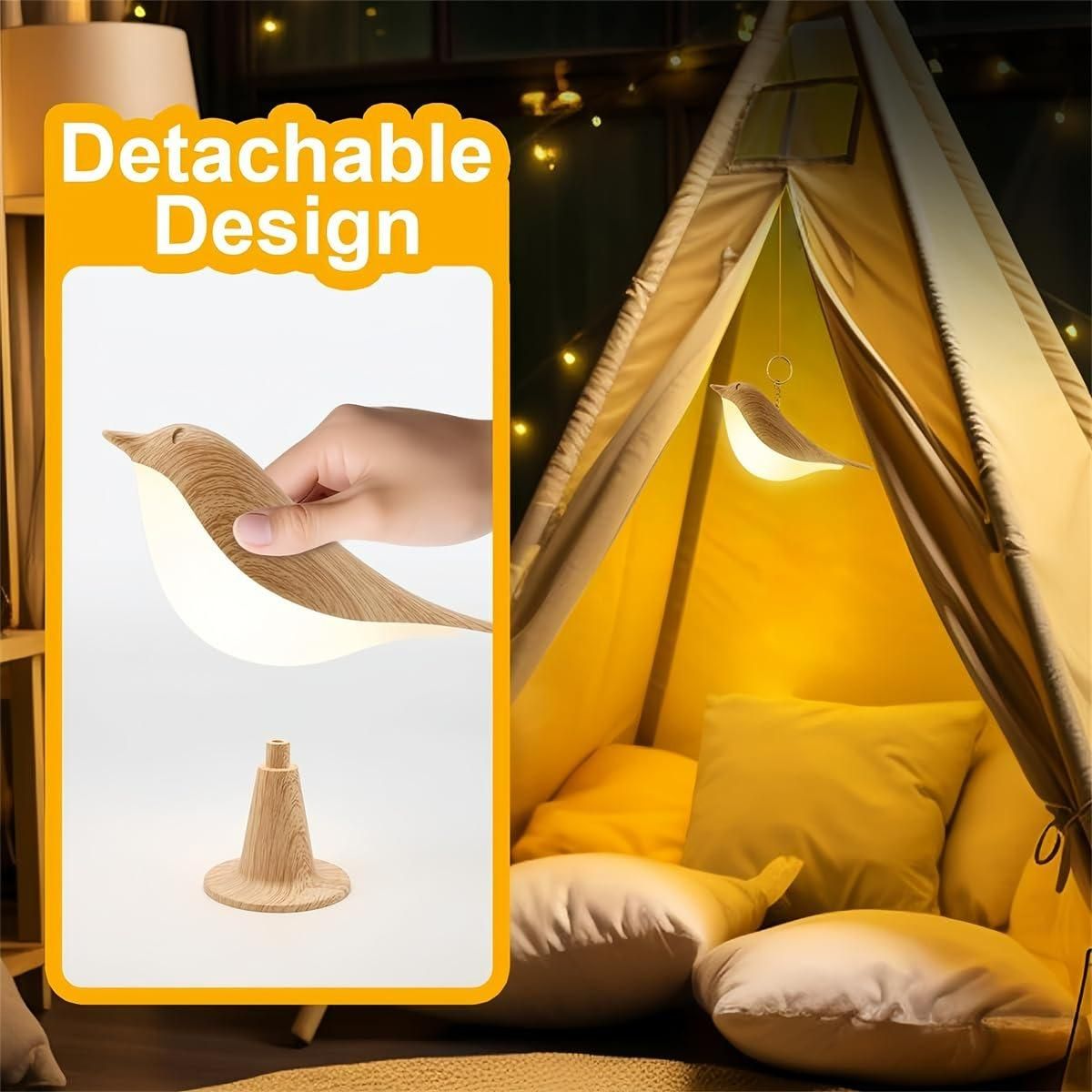 detachable design with hand holding a lampshade in front of a cozy indoor setup