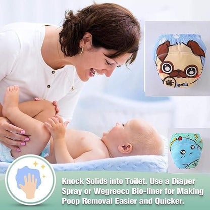 Woman holding a baby with promotional text and graphics about diaper spray or liner.