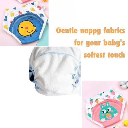 Baby nappy with cartoon design on a pink background, featuring text about gentle fabrics for babies.