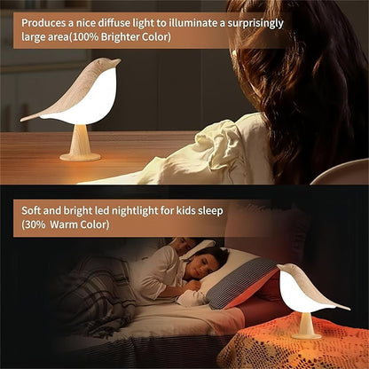 Bird-shaped nightlight on a table and being used by a child in bed.
